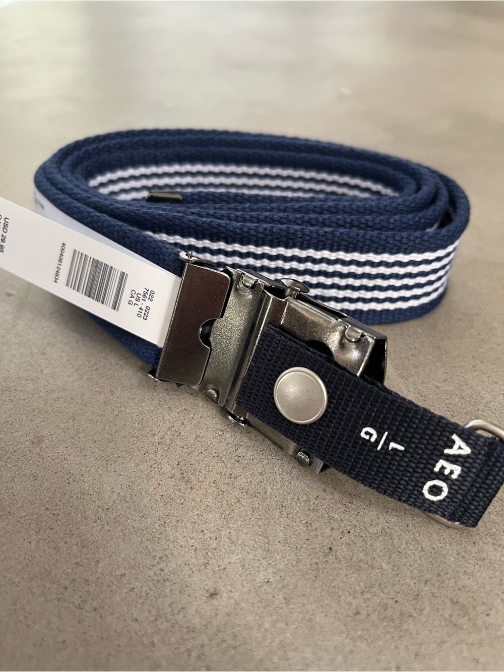 American Eagle Outfitters Navy and White Striped Webbing Belt with Metal Buckle